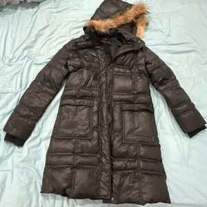 Women’s Long Black down jacket with Faux Fur Hood